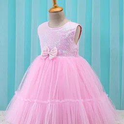 Babyhug Sleeveless Sequinned Party Frock With Bow Applique- Pink image 2