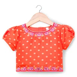 Babyhug Brocade Woven Puffed Sleeves Floral Embroidered Choli Lahenga set with Dupatta- Fuchsia image 2