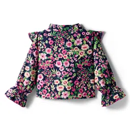 CrayonFlakes Cotton Woven Full Sleeves Floral Printed Frilled Detailed Top - Navy Blue image 3