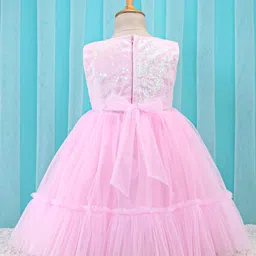 Babyhug Sleeveless Sequinned Party Frock With Bow Applique- Pink image 3