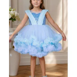 Lagorii Net Woven Sleeveless Shimmered Sequin Embellished Ruffle Detailed Dress - Blue image 4