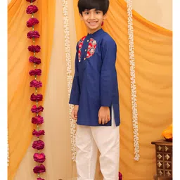 AJ Dezines Cotton Woven Navratri Theme Full Sleeves Floral Printed Kurta Pyjama Set - Blue image 5