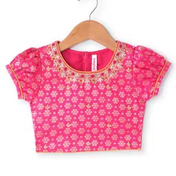 Babyhug Woven Short Sleeves Embroidered Choli with Brocade Lehenga & Dupatta Set - Fuschia image 5