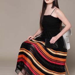 Label Ritu Kumar Print Smocked Accordion Pleated Net Fit & Flare Maxi Dress-picture-41