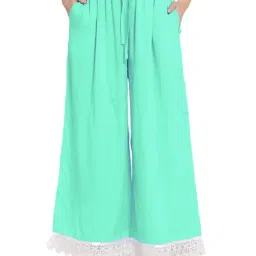 PATRORNA Teal Loose Fit Mid Rise Palazzos-image-4