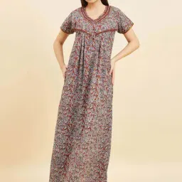 Sweet Dreams Brown & Navy Cotton Printed Night Gown-image-63