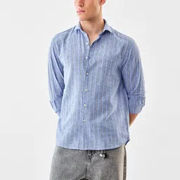 Snitch Vertical Striped Spread Collar Cotton Linen Casual Shirt-picture-11