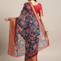 Saree mall Navy Blue & Red Linen Blend Printed Saree image 2