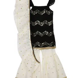 Saka Designs By Sapna Sleeveless Chevron Sequin Embellished Sharara Kurta With     A Ruffled Dupatta - Black & Cream-picture-24