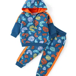 Babyhug Cotton Knit Full Sleeves Hooded Front Zipper T-Shirt & Lounge Pants Printed Co-Ord Set With Kangaroo Pocket - Blue-picture-13