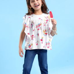 Babyhug Single Jersey Knit Frill Sleeves Floral Printed Top & Capri Set - White & Navy Blue-picture-42