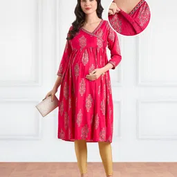 Bella Mama Woven Three Fourth Sleeves Maternity Kurta with Embroidered Neck & Pocket -Dark pink-picture-30