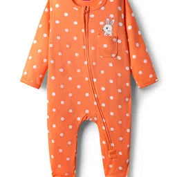 Babyhug Cotton Knit Full Sleeves Footed Sleepsuit With Polka Dot Print - Orange-picture-33