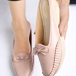 Shoetopia Bow Applique Detailed Colour Blocked Slip On Loafers - Peach-picture-46