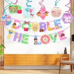 Zyozi Twins Baby Showers Decoration Banner & Swirls Hangings MultiColor - Pack Of 7-image-17