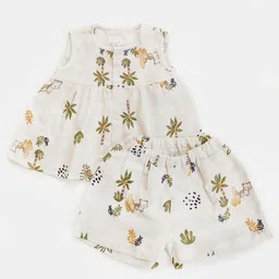 Halemons Pure Muslin Woven Sleeveless Palm Tree & Baby Tiger Printed Top With Coordinating Shorts Set - Green-picture-22