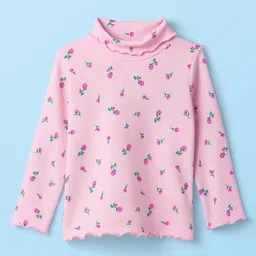 Babyhug Cotton Elastane Knit Full Sleeves Turtle Neck Winter T-Shirt with Floral Print - Pink-picture-26