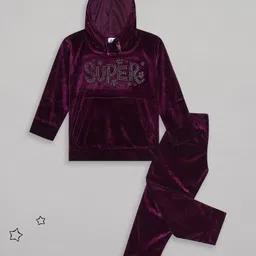 Sheer Love Velvet Knit Full Sleeves Super Text Embellished Hooded Tee With Pajama Set - Wine-picture-10