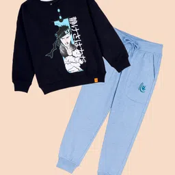 Kiddopanti Fleece Knit Full Sleeves Cartoon Printed Light Winter Sweatshirt & Track Pants Set - Blue & Navy Blue-picture-34