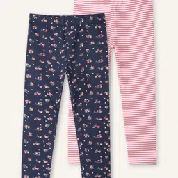 Ariel Cotton Knit Pack Of 2 Floral & Striped Printed Leggings - Pink & Navy Blue-picture-27