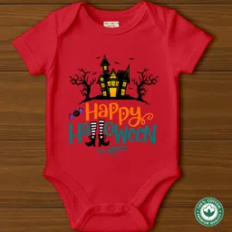 BLUSHES 100% Cotton Knit Halloween Theme Half Sleeves Happy Halloween Text Printed Onesie - Red-picture-22