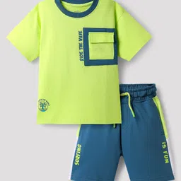 OLLINGTON ST. Cotton Half Sleeves T-Shirt with Print & Knit Shorts Set - Lime Green & Navy Blue image 2