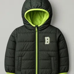 Babyhug Woven Full Sleeves Hooded Padded Jacket With Alphabet Patch - Lime Green image 2