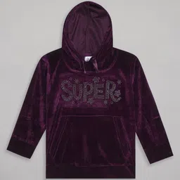 Sheer Love Velvet Knit Full Sleeves Super Text Embellished Hooded Tee With Pajama Set - Wine image 3
