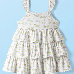 Babyhug Single Jersey Knit Sleeveless Frock With Floral Print & Striped Leggings - White image 3