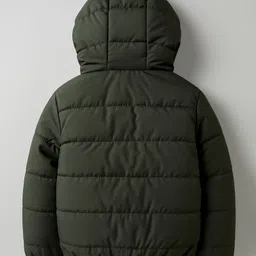 Babyhug Woven Full Sleeves Hooded Padded Jacket With Alphabet Patch - Lime Green image 3