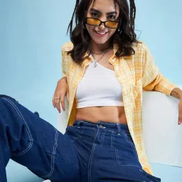 CHIMPAAANZEE Yellow & Orange Viscose Checks Oversized Shirt-image-4