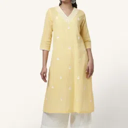 Rangmanch by Pantaloons Yellow Cotton Embroidered Straight Kurta-picture-38
