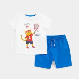 Mothercare Kids White & Blue Printed T-Shirt with Shorts-picture-31