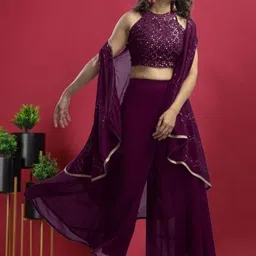 PARROT CREATION Geometric Embroidered Halter Neck Georgette Crop Top With Palazzo & Shrug image 4