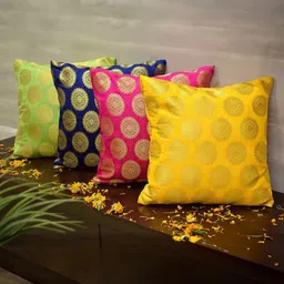 RoyalDeco Mandala Yellow & Pink 4 Pieces Ethnic Motifs Brocade Silk Square Cushion Covers-image-76