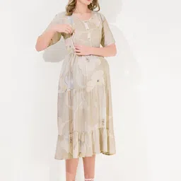 QUIRA Floral Printed Tiered Maternity Fit & Flare Midi Maternity Dress image 4