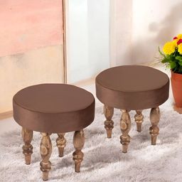 Ikiriya 2-Pcs Brown Round Wooden Stools with Velvet Upholstery-picture-23