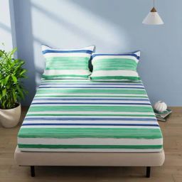 BIANCA Serina Green & Blue Cotton 144 TC Double Size Bed Sheet With Pillow covers-picture-46