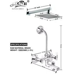 Gold Bell Prime Brass 3 In 1 Wall Mixer Set with 203X203 mm(8X8 Inch) SS Ultra Overhead 381 mm(15 Inch) SS Arm Hand Shower, 3-1-Siya-Soft-8U-15A-CP image 2