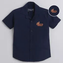 Polka Tots Cotton Regular Fit Half Sleeve Bon Voyage Metallic Print Shirt - Dark Blue-image-86