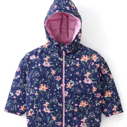 Babyhug Woven Full Sleeves Reversible Hooded Jacket Floral Print - Pink & Navy Blue-image-94