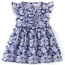 Babyhug Cotton Knit Frill Sleeves Frock With Floral Print - Navy Blue-image-117