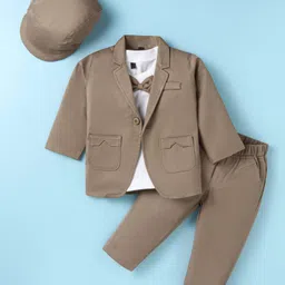 Robo Fry Lycra Knit Full Sleeves Solid Colour BlazerT-Shirt & Trouser Setwith Attached Bow - Tan-picture-16