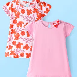 Babyhug Single Jersey Knit Half Sleeves Dresses With Floral Print & Bow Applique Pack of 2 - Pink & White-picture-29