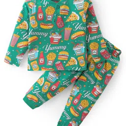Babyhug Cotton Knit Full Sleeves Night Suit with Pop Corn & Text Print- Green-picture-18