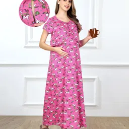Bella Mama Cotton Knit Half Sleeves Unicorn Printed Maternity Nursing Nighty - Pink-image-25