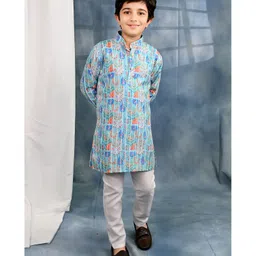 BT DEZINES Cotton Blend Woven Full Sleeves Jaipuriya Printed & Embroidered Kurta Pyjama Set - Light Blue-picture-22