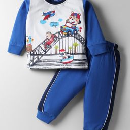 CUCUMBER Sinker Knit Full Sleeves T-Shirt & Lounge Pant Set with Vehicle & Animal Print - Royal Blue-picture-7