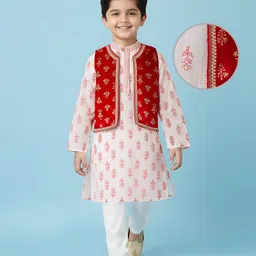 EARTHY TOUCH Viscose Woven Full Sleeves Kurta Pajama & Jacket Set With Floral Print - Off White-picture-18