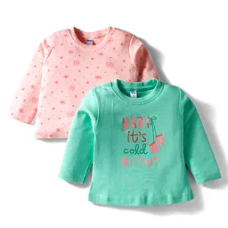 Tango Single Jersey Knit Full Sleeves T-Shirts with Star & Baby Its Cold Outside Text Print Pack of 2 - Pink & Light Green-picture-22